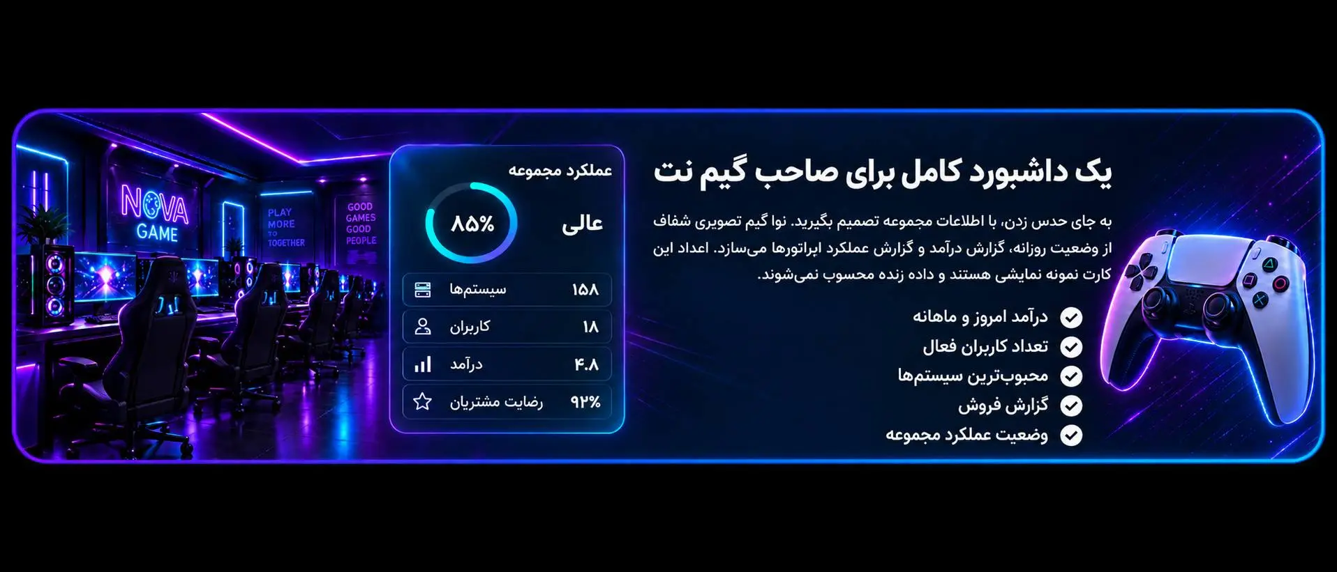 نمونه داشبورد مدیریت گیم نت نوا گیم با گزارش درآمد، وضعیت مجموعه و کنترل سیستم‌ها
